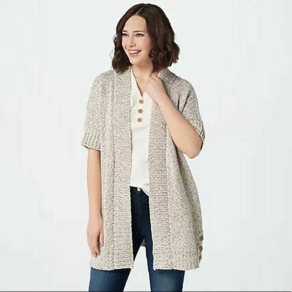 Natural D & Co Knit Cotton Confetti Short Sleeve Long Line Cardigan Women Large